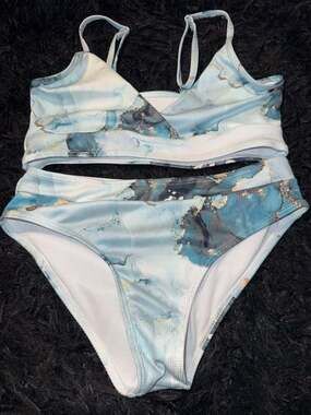 SHEIN Blue Marble Print Ribbed Bikini Girls Set Size 150